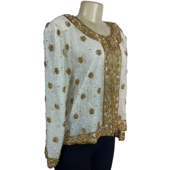 Mark & John Vintage White & Gold Sequined Beaded Jacket With Floral Design Sz XL - Picture 3 of 12